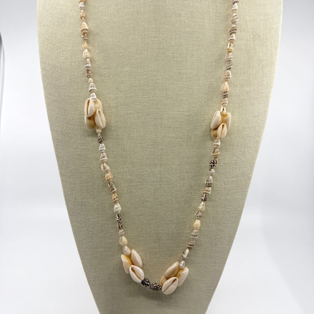 Cream Brown Cowrie Seashell Long Necklace Coastal Boho Beach Statement Gift